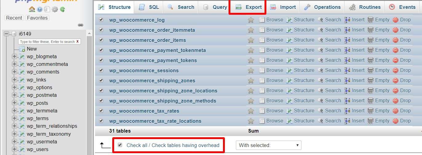 export wordpress myadminphp